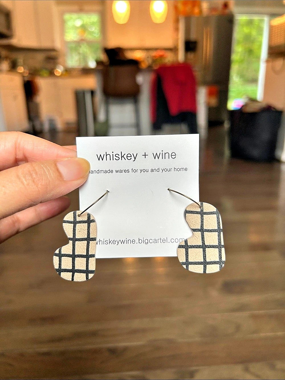 whiskey + wine Checkered Dangle Earrings in Black & Cream Like New